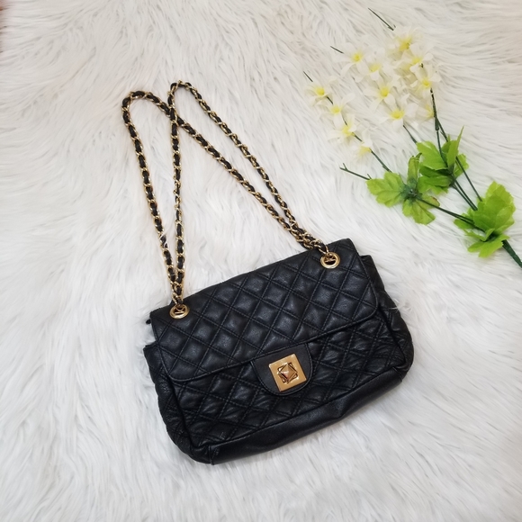 Paradox Handbags - PARADOX Quilted Shoulder Bag in Black Leather with Double Gold Chain Straps.